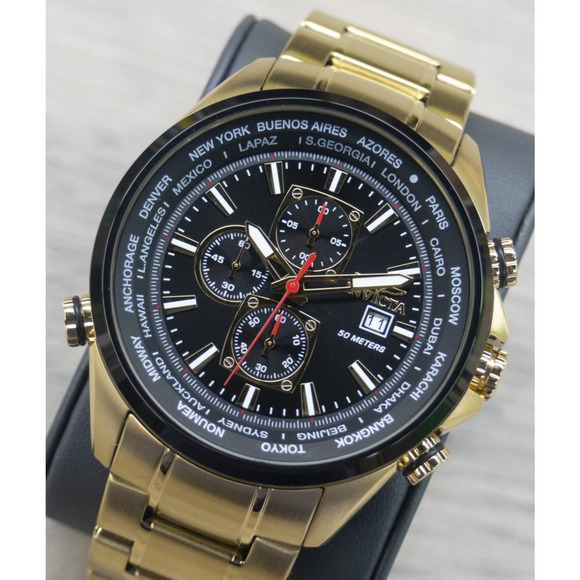 Invicta Men's Aviator Analog Quartz Chronograph Watch 50MM Case Gold Black Dial - Picture 1 of 7